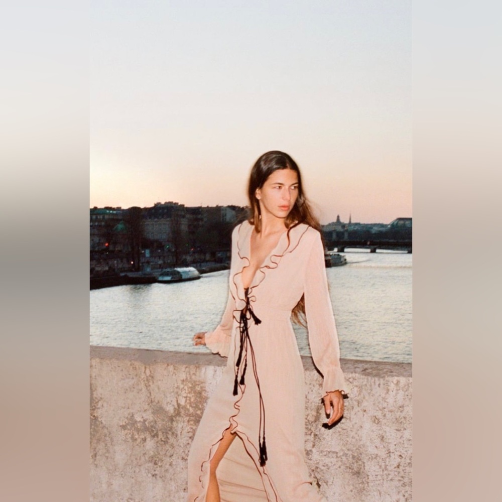 romantic ruffled long sleeve dress with bows and front slit size small
